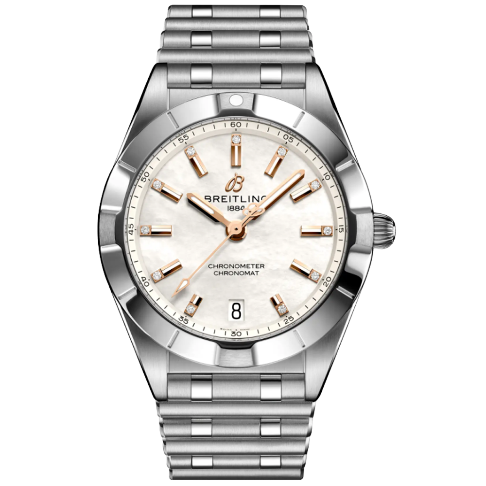 A77310101A4A1 Breitling Chronomat 32 stål pärlemor med rosé detaljer och diamant index