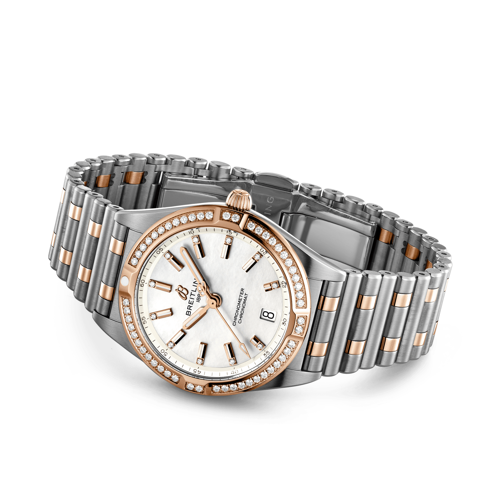 U77310591A2U1 Breitling Chronomat 32  stål och 18 K roséguld pärlemor diamant bezel