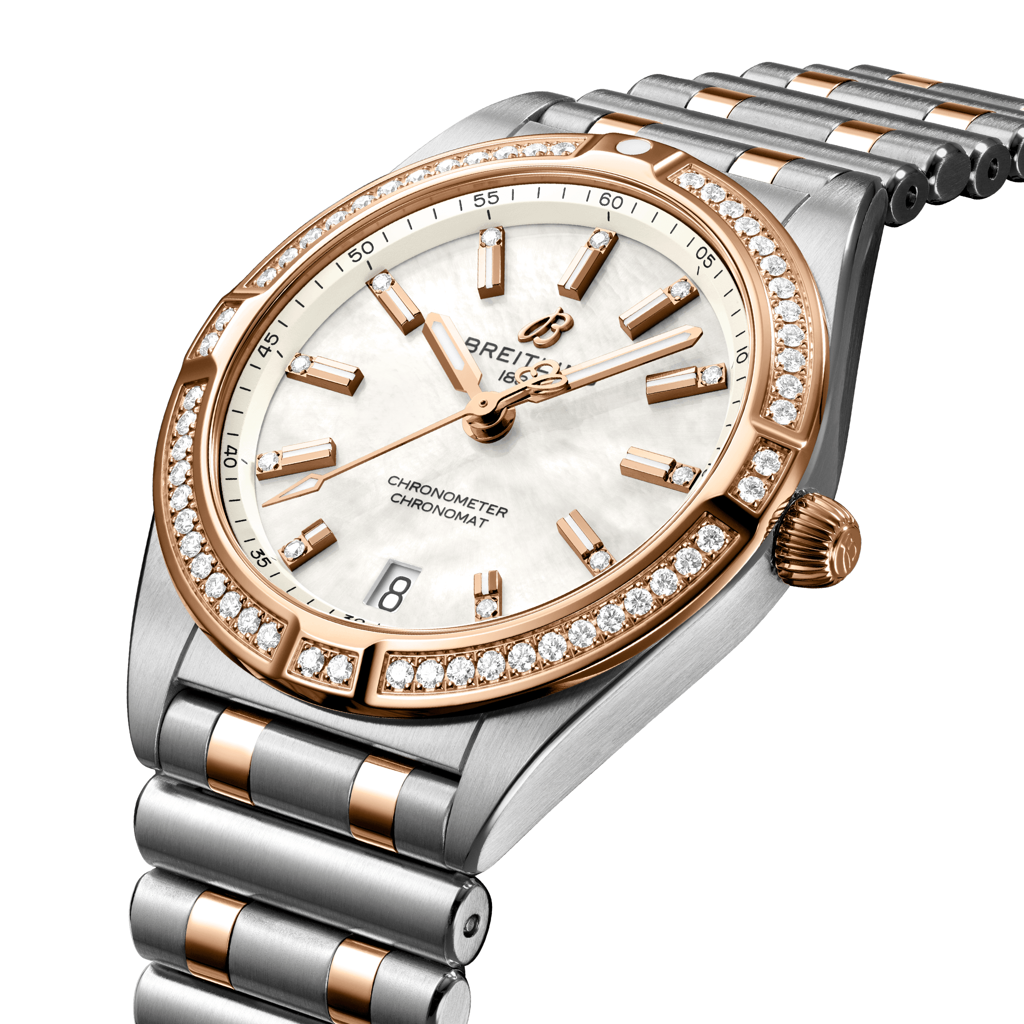 U77310591A2U1 Breitling Chronomat 32  stål och 18 K roséguld pärlemor diamant bezel
