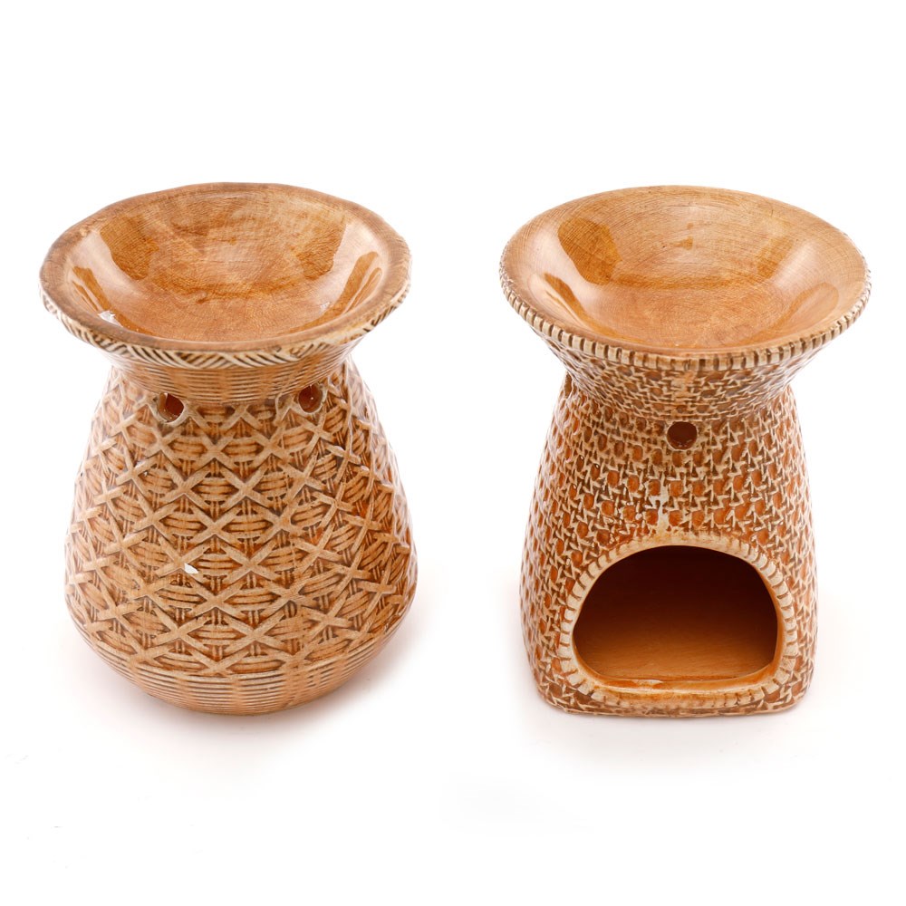 Brun Keramik Aromalampa med Rattan Mönster