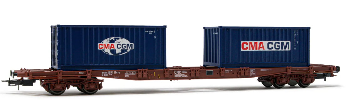 D-ERR, 4-axle flat wagon Sgss, brown livery, loaded wit 2 x 20' container "CMA CGM"