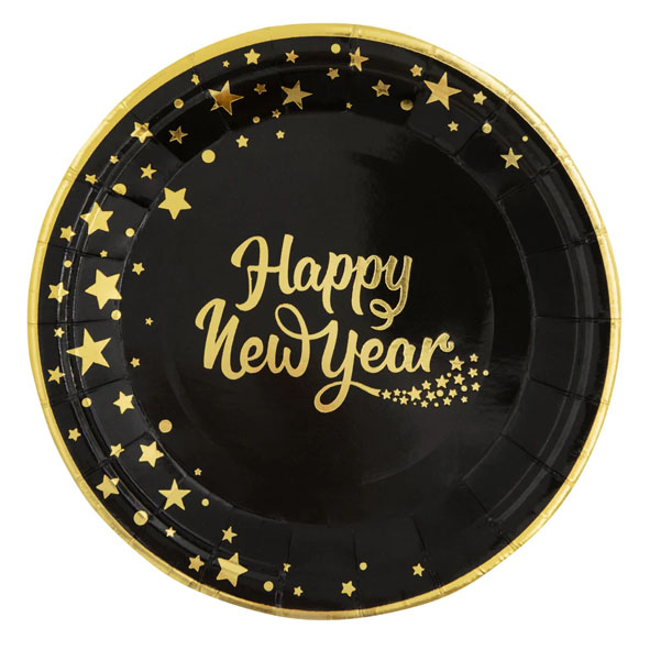 Papperstallrikar "Happy New Year" - Svarta med guldtext