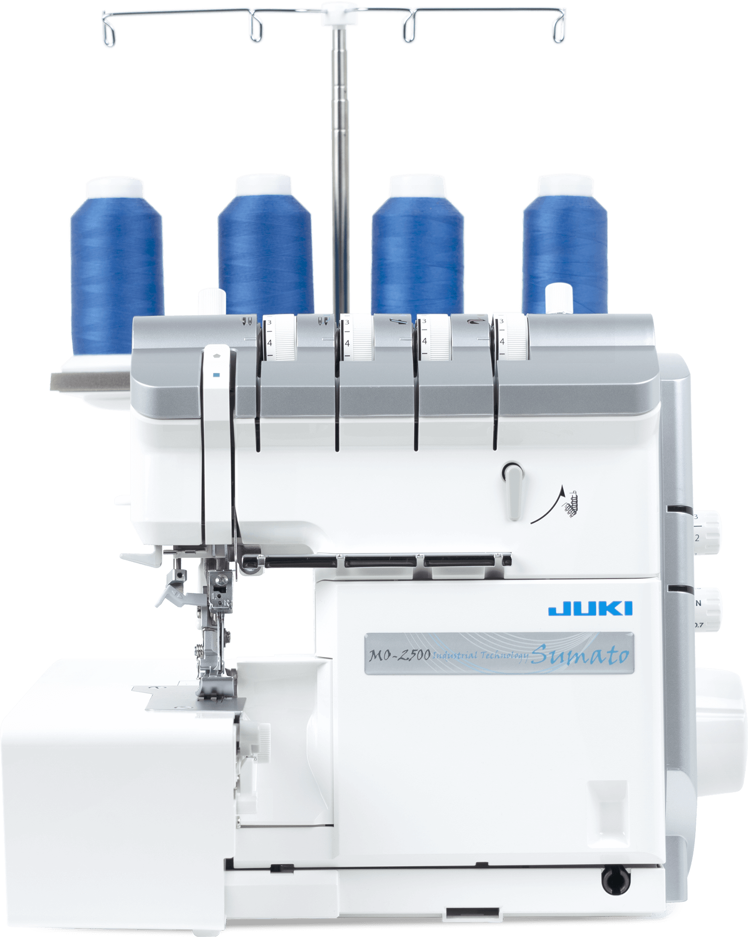 JUKI MO-2500. 2/3/4-trådig overlock med automatisk luftpåträdning, automatisk nålpåträdare, mikrolyft, ljudreducering, knälyft m.m.