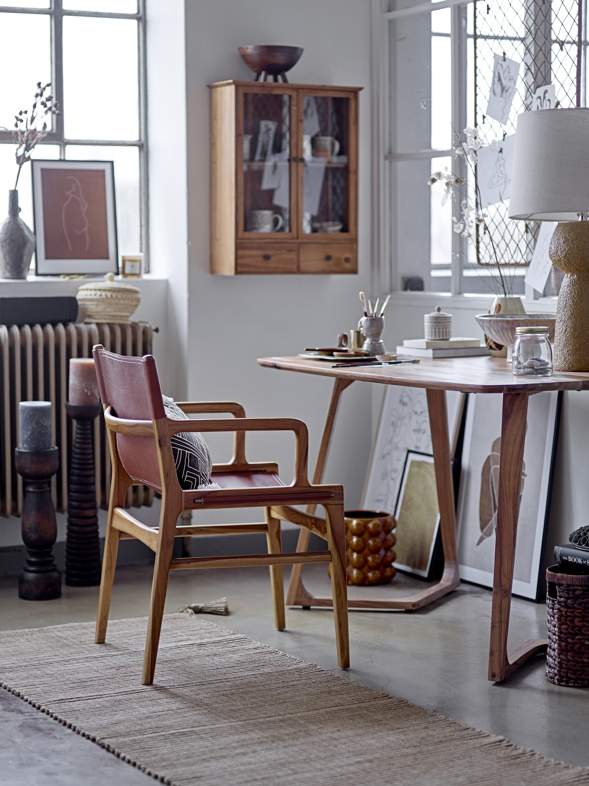 Stol teak brunt läder Bloomingville - 7