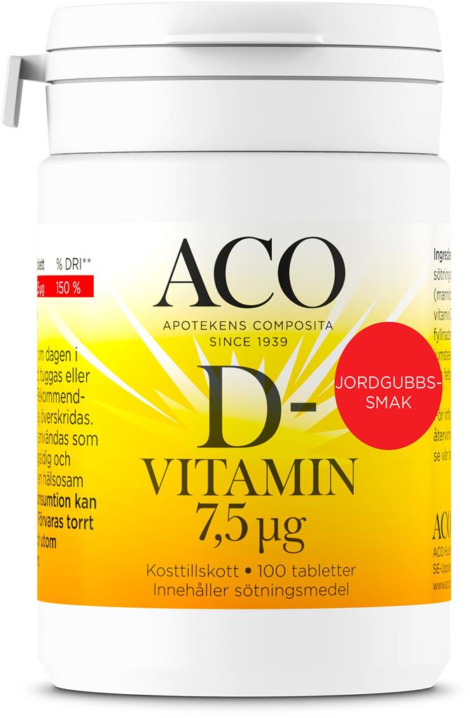 ACO D-vitamin 7,5 µg Jordgubbssmak 100 tabletter