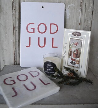 Skärbräda God Jul, vit med röd text