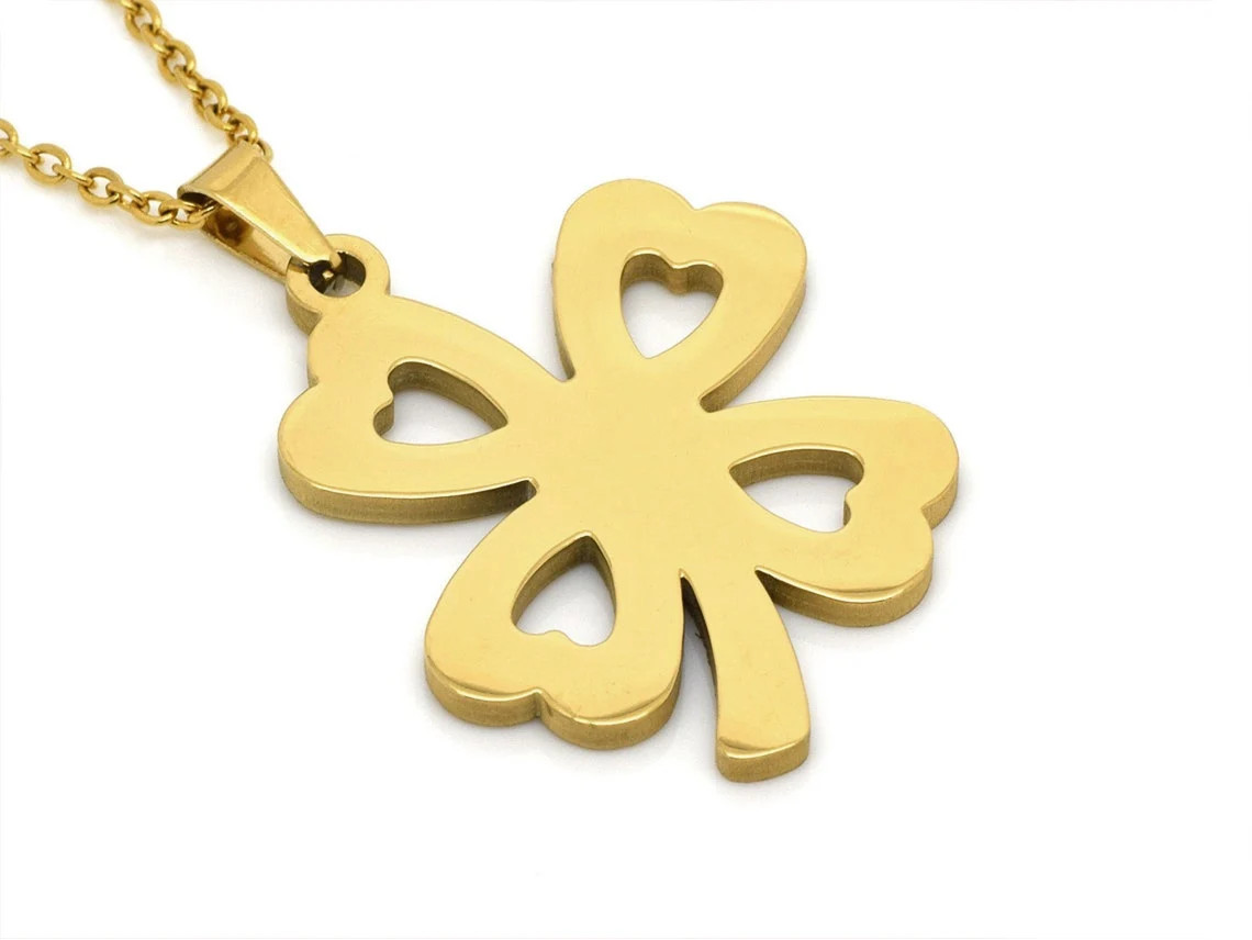 Guld Fyrklöver Halsband i Rostfritt Stål, Lyckosymbol Hänge, Tur och Lyckoamulett Smycke