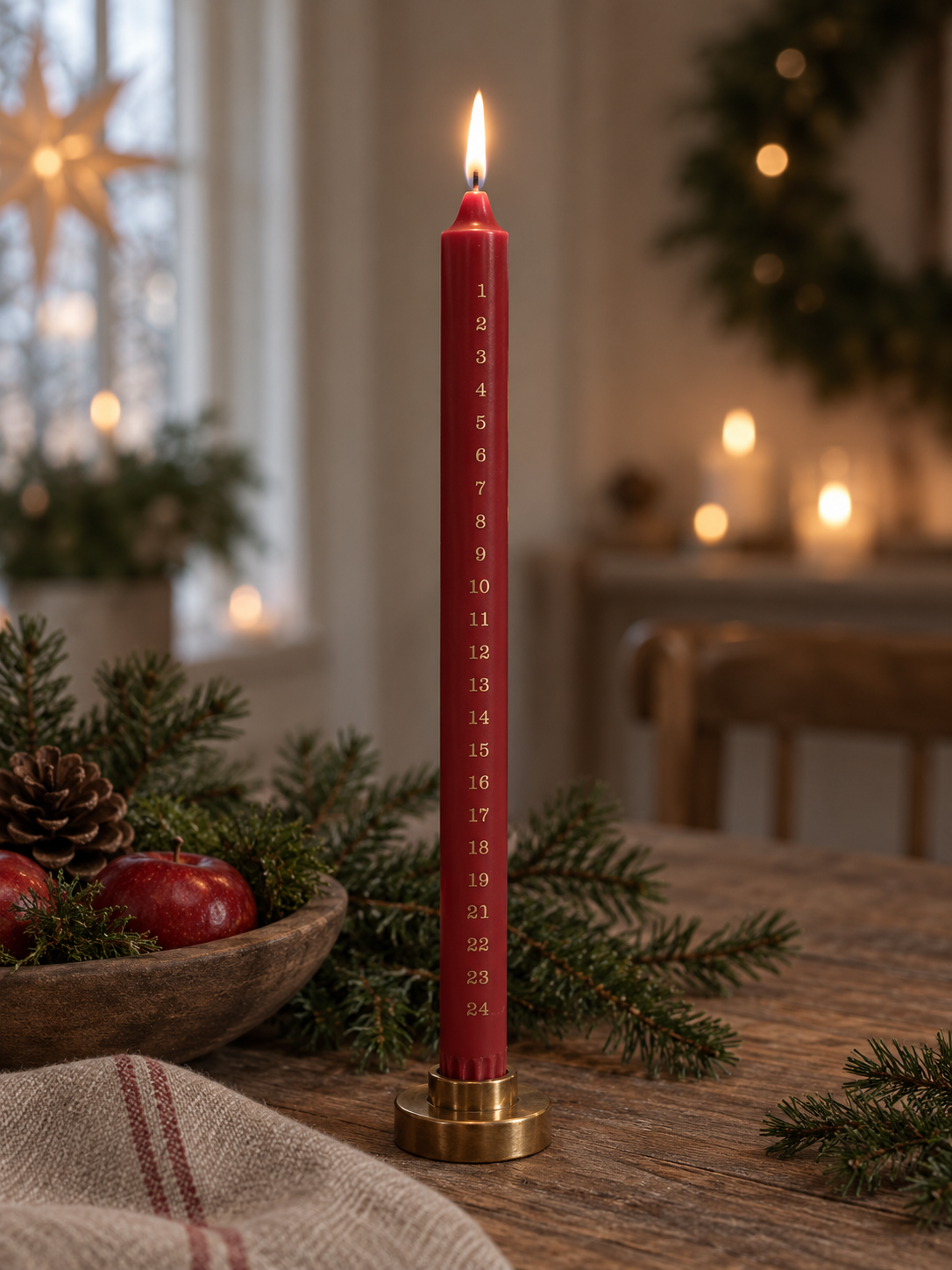 Date candle 1-24 - Narrow 100% stearin - Dark red/Gold - 30 cm