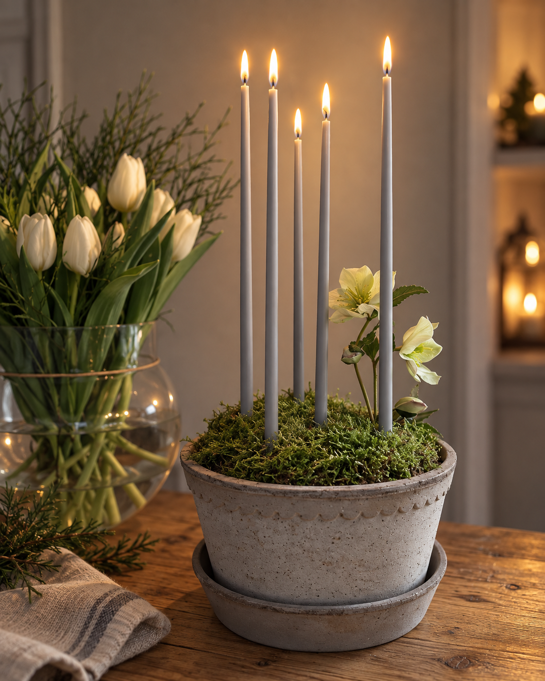 Hand-dipped thin long candles - Flower candles - Grey - 38 cm - 10-pack