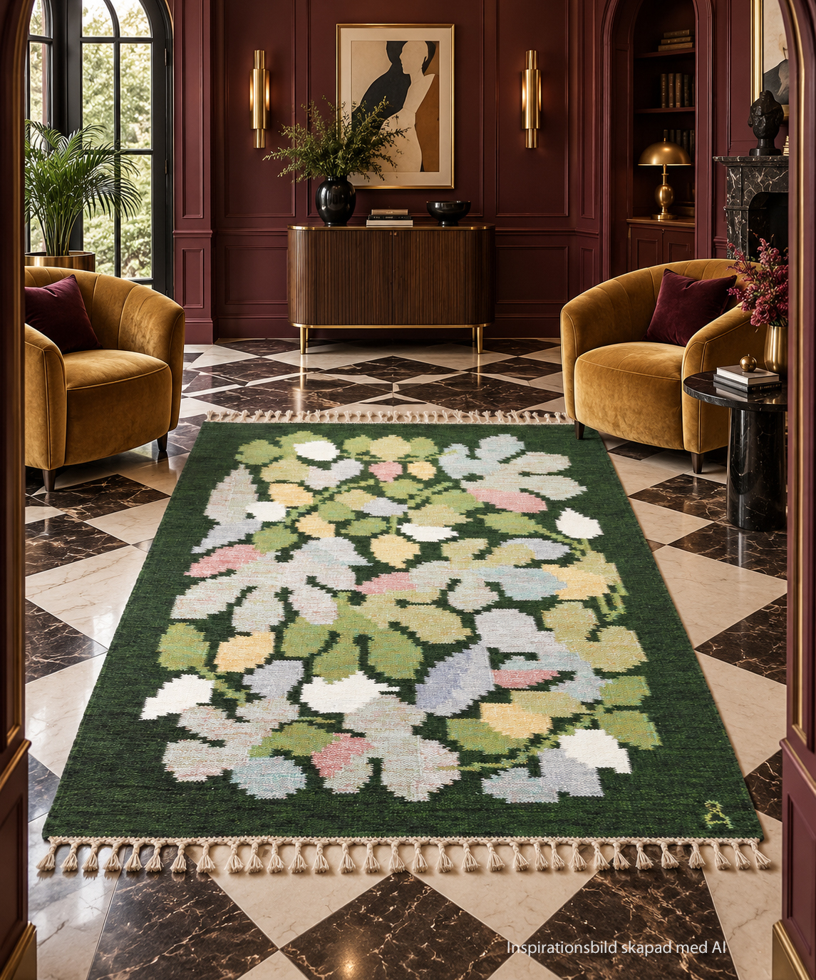 Röllakan Linné Grön från Axeco med växtmönster, placerad i ett elegant vardagsrum Artdeco stil med mörkröda väggar och marmorgolv