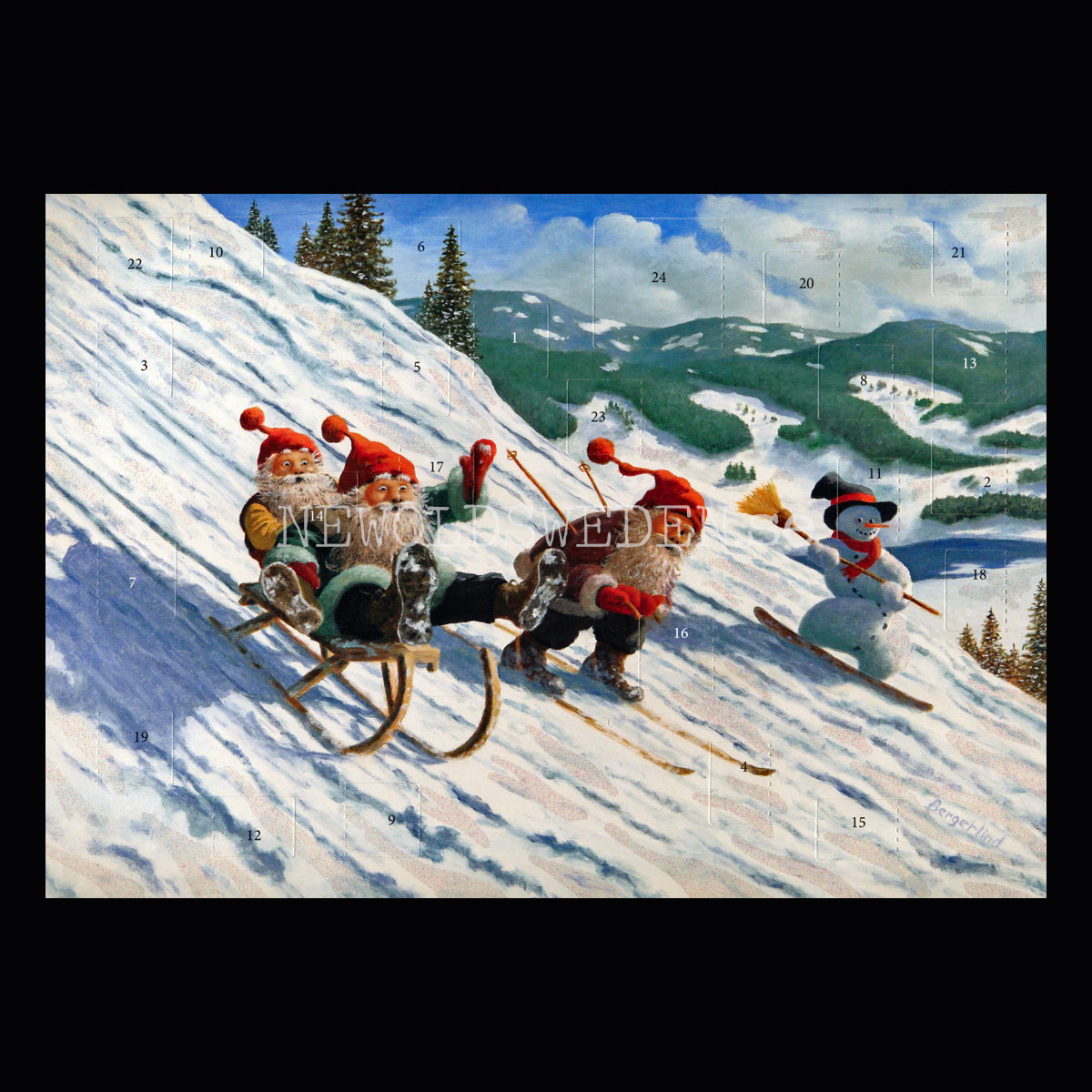 Tomtekul i kälkbacken Adventskalender med glitter A4 Jan Bergerlind