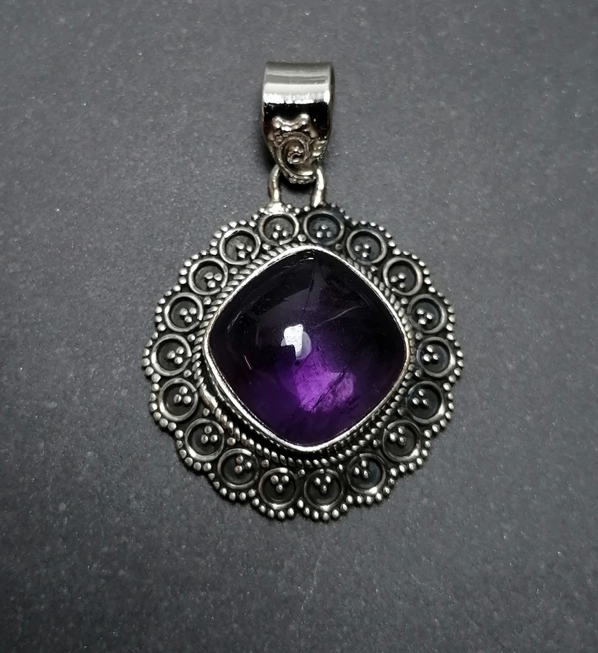  Ametist Sterling Silver Kubisk  Cabochon Filigran hänge  