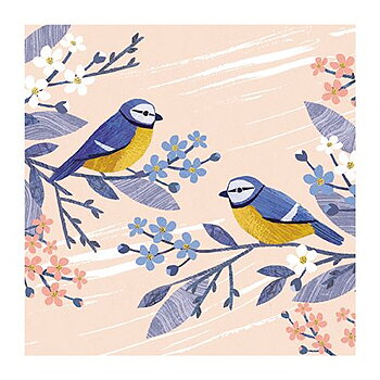 Two Blue Tit Birds On Branches, Dubbelvikt Kort