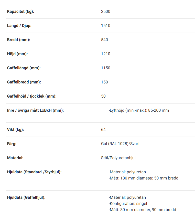 Pallyftare  Maxlast: 2500 kg / Gaffellängd: 1150 mm, enkel PU-hjul - 2