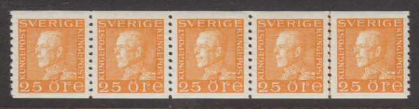 F 184, 25 öre Gustaf V profil vänster prakt-femstrip **