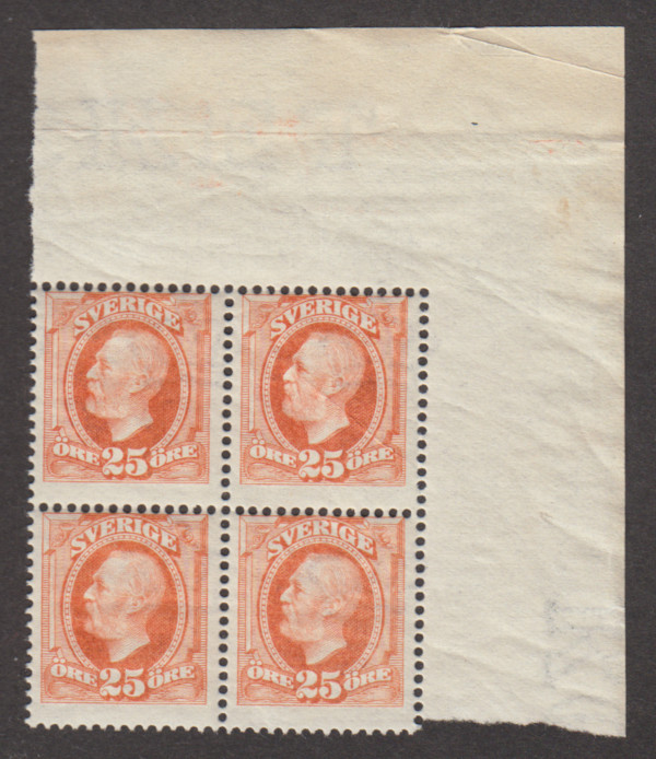 F 57vm2, 25 öre Oscar II fyrblock **
