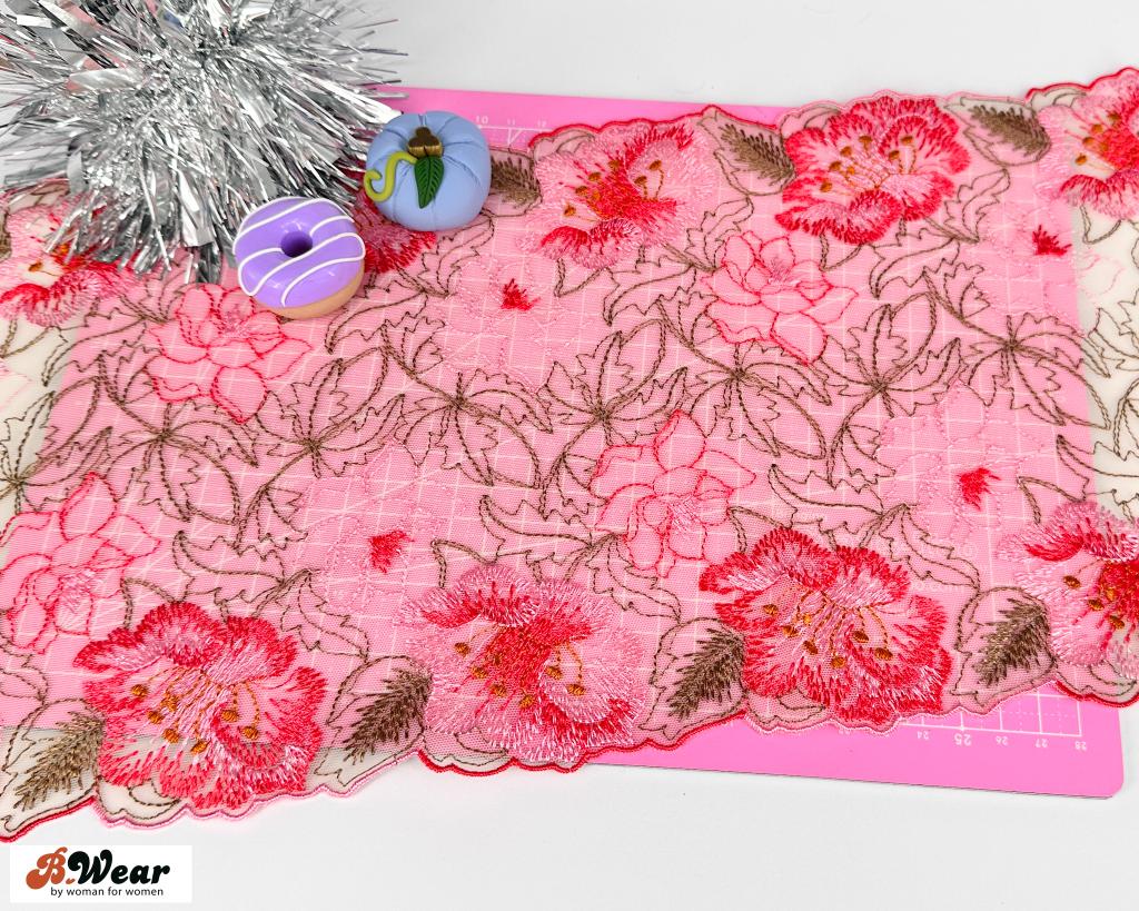  Hudfärgad med rosa blommor -Stretch Mesh Spets - 20 cm - 2