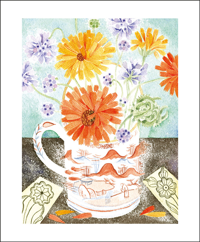 Marigolds and Scabious, watercolour by Angie Lewin, Greeting Card