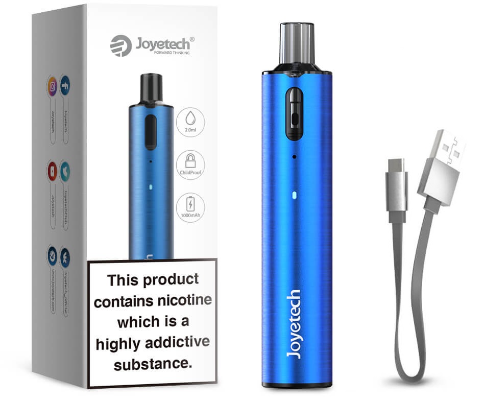 bilden visar vad ingår i ecigg startpaket, ett batteri med tank och en laddare