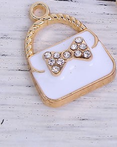 Berlock -  Emaljerad Väska m Rhinestone,  Vit Guld
