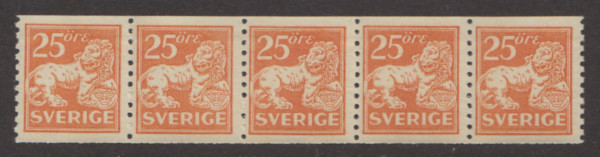 F 147, 25 öre Stående lejon femstrip **