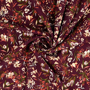 Blommig Stretch Viskos Poplin Vinröd