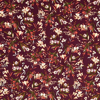 Blommig Stretch Viskos Poplin Vinröd