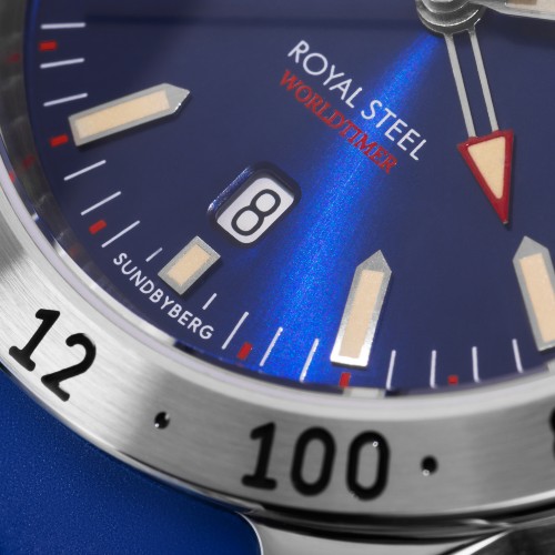 020869 SLUTSÅLD! Sjöö Sandström Royal Steel Worldtimer 41, Erikson Urhandel 100 år