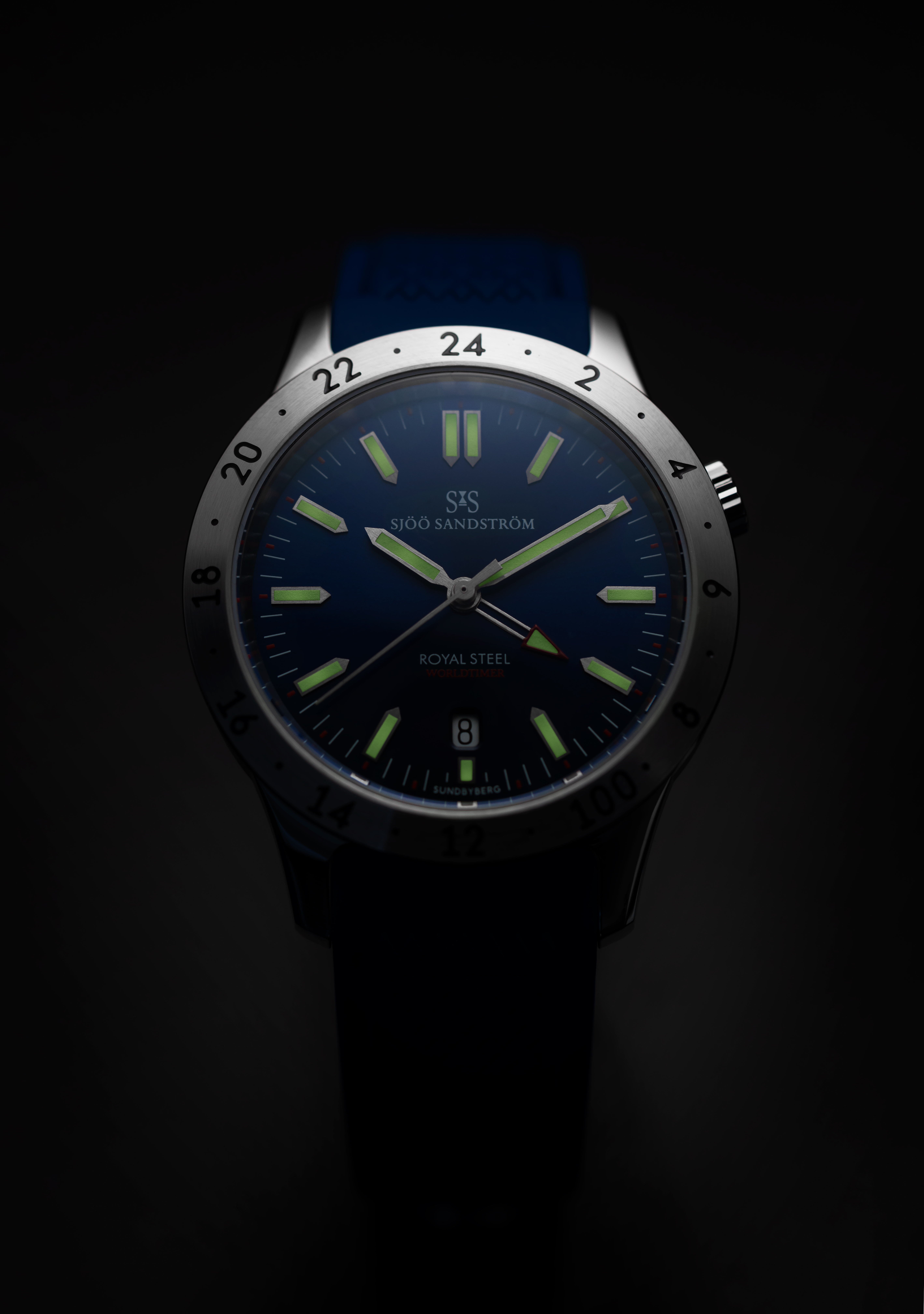 020869 SLUTSÅLD! Sjöö Sandström Royal Steel Worldtimer 41, Erikson Urhandel 100 år