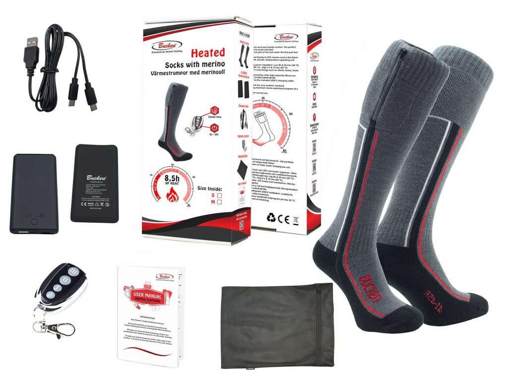 Värmestrumpor med merinoull, fjärrkontroll, batterier & USB-laddkabel - 3