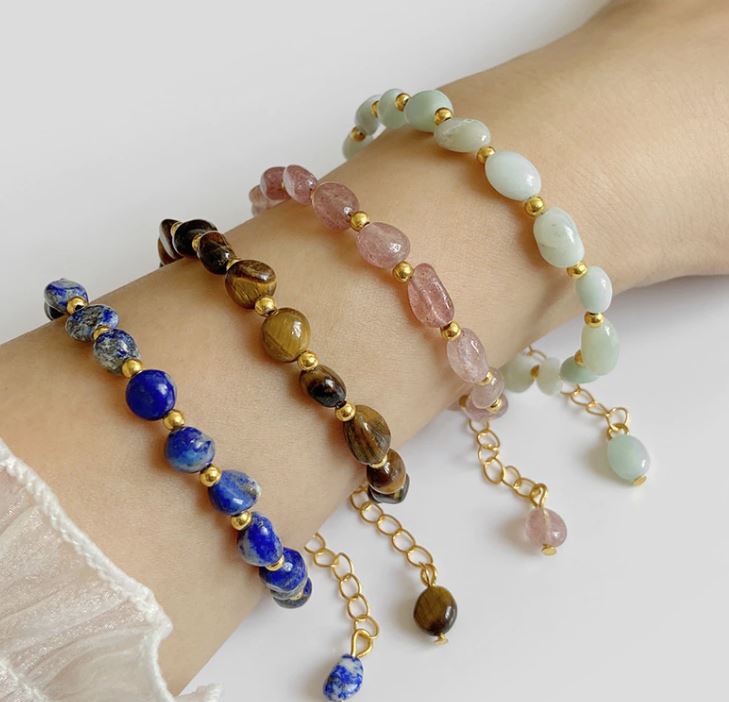Trumlad Mini Stenar Armband med Förlängnings kedja - Jordgubbskvarts / Guld Pläterring - 2