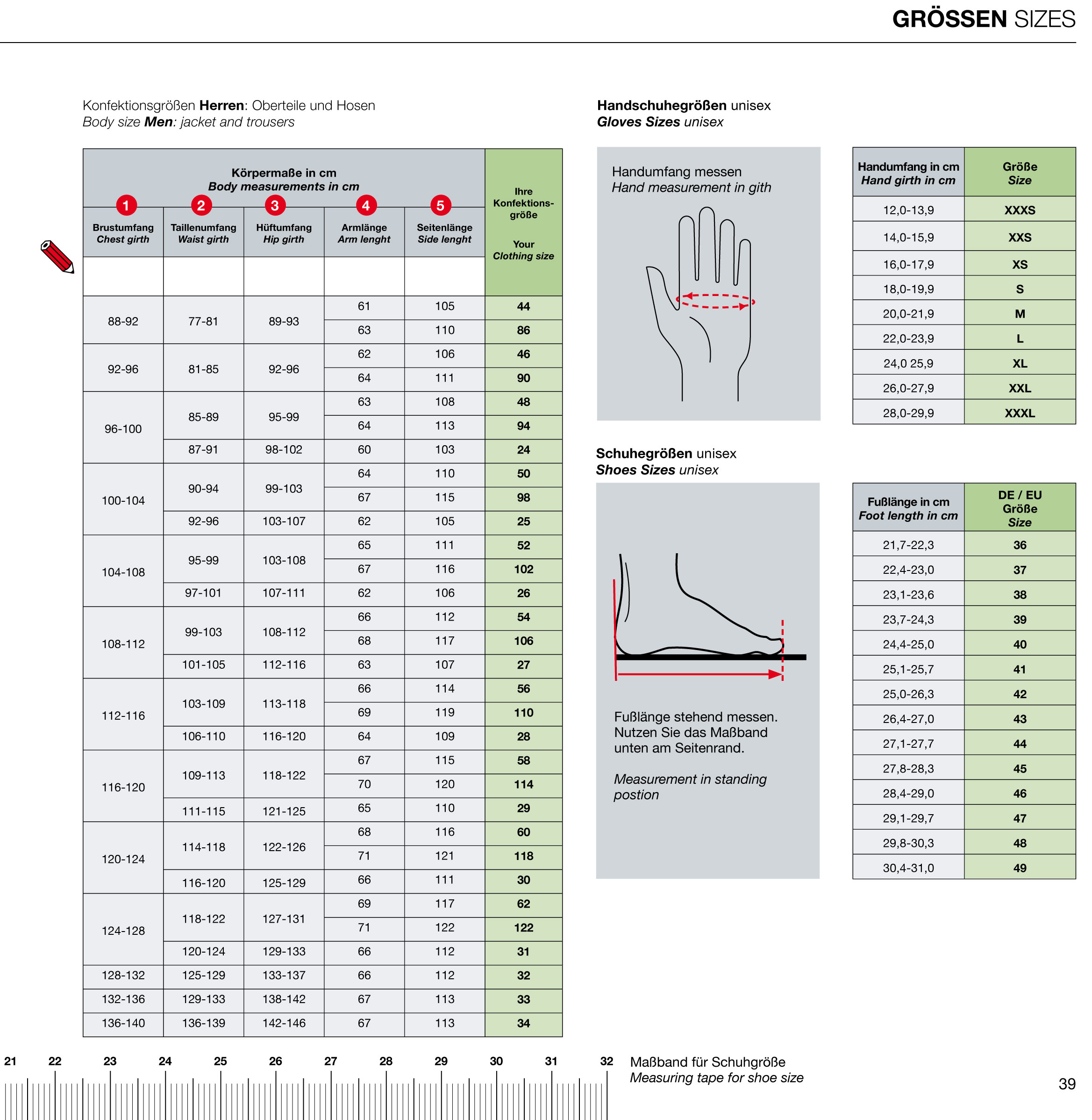 SIMETRA BASIC,PRIMOFIT och MARABIC measure table /  from 2023 - 2