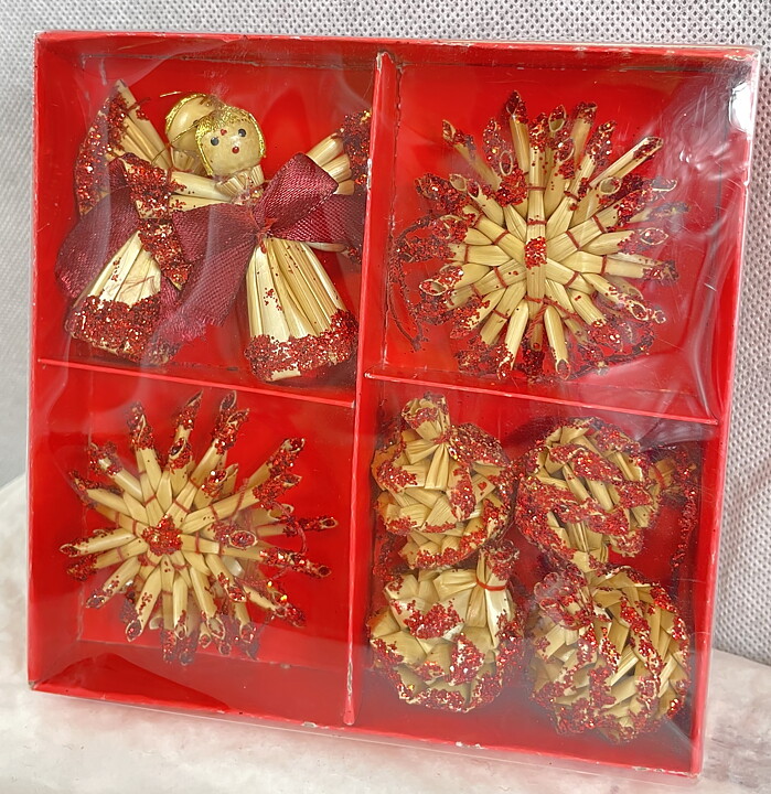 Julpynt halm - 10 st delar rött glitter