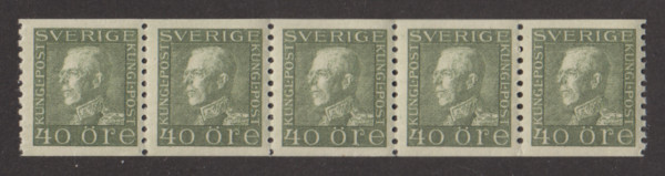 F 189, 40 öre Gustaf V profil vänster praktfemstrip **