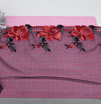 Mesh stretch lace in Black with beautiful red flowers- 21 cm wide