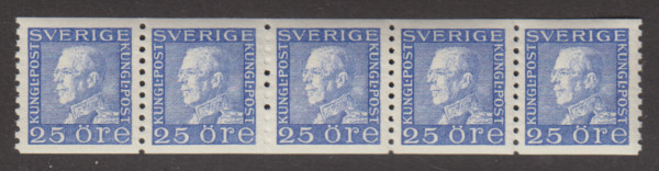 F 183, 25 öre Gustaf V profil vänster femstrip prakt **