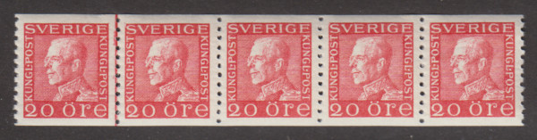 F 180b, 20 öre Gustaf V profil vänster femstrip lyx **