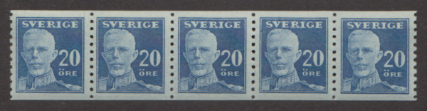 F 151A, 20 öre Gustaf V - en face femstrip prakt **
