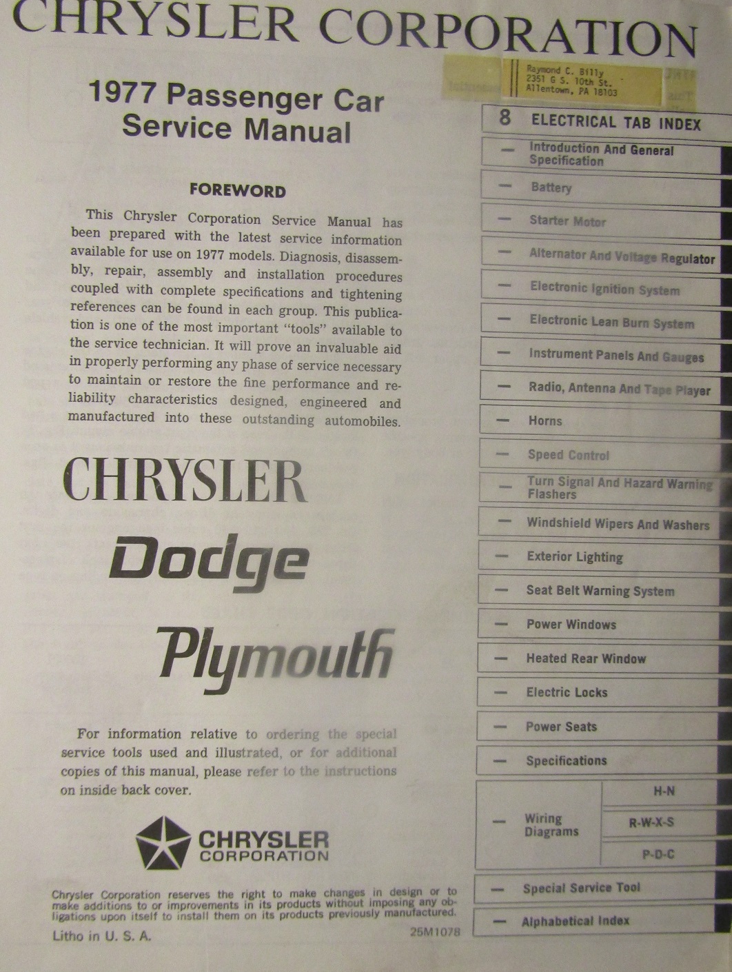 1977 Plymouth & Dodge & Chrysler Electrical Service Manual original - 2
