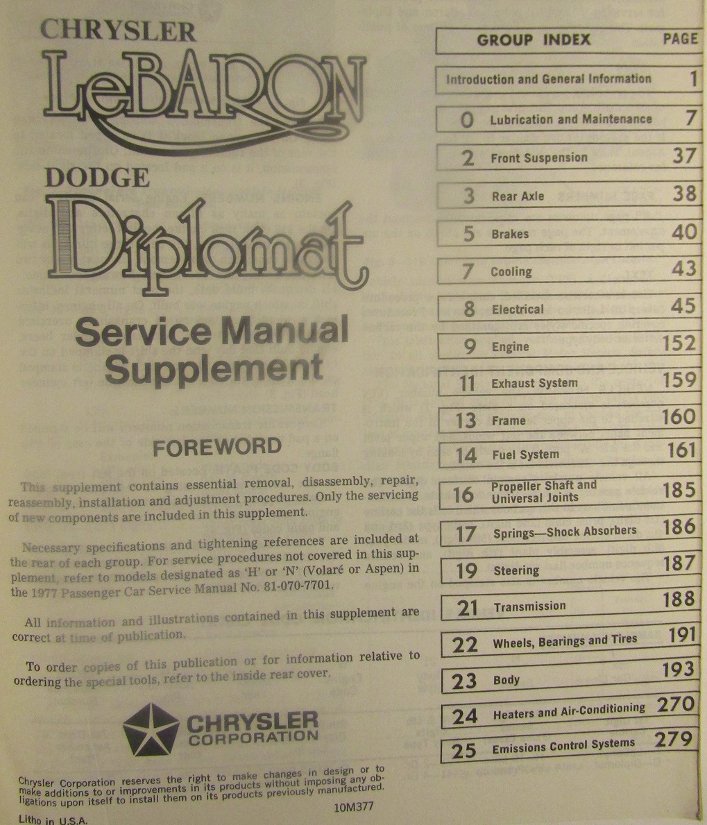 1977  Chrysler LeBaron & Dodge Diplomat Service Manual supplement - 2