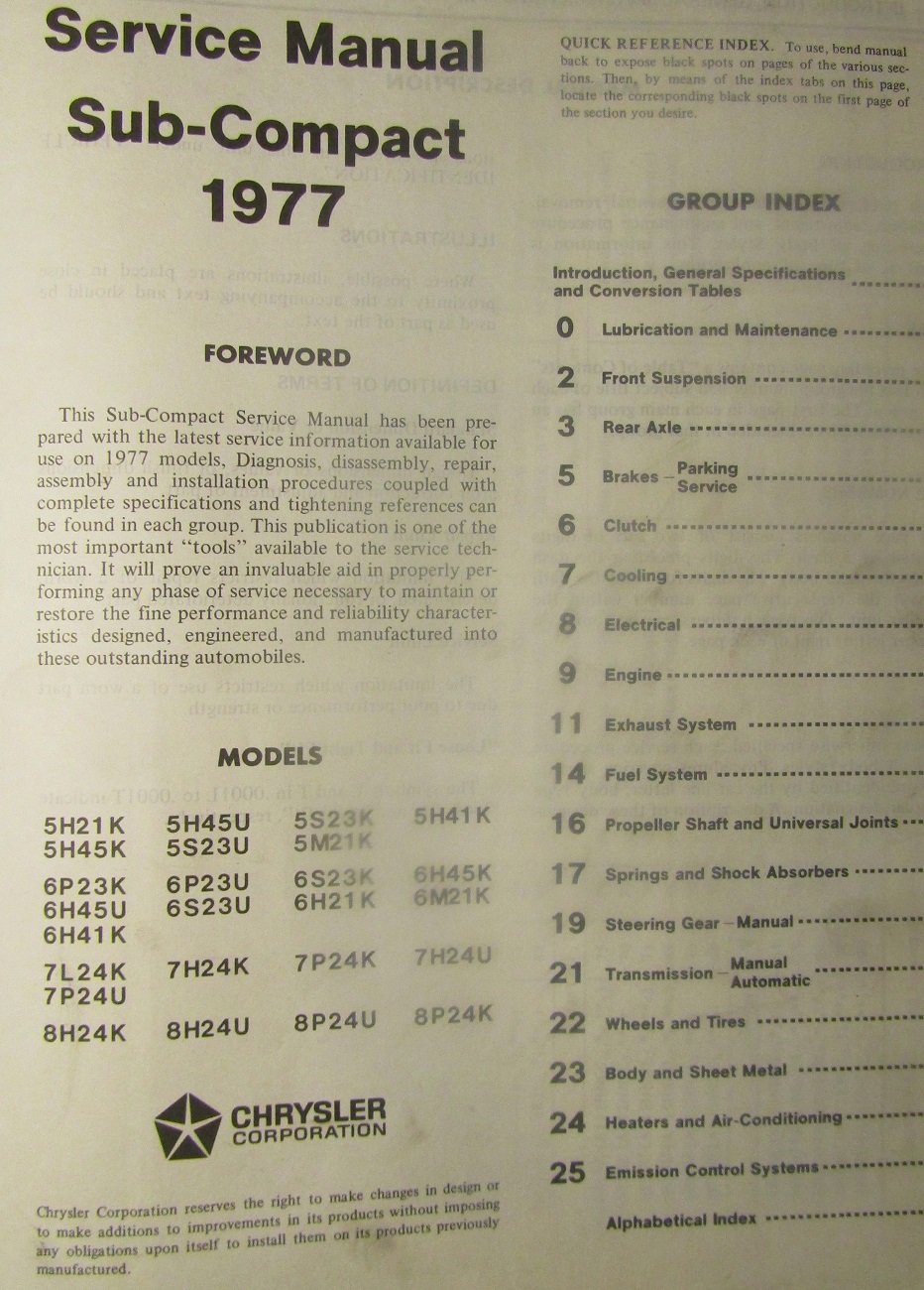 1977  Dodge / Plymouth Colt / Arrow Service Manual - 2