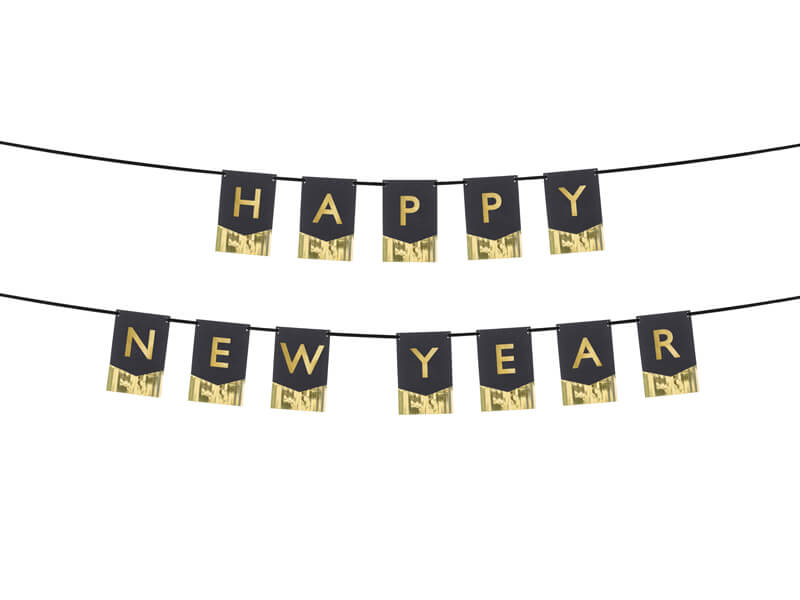 Flaggvimpel Happy New Year Svart & Guld
