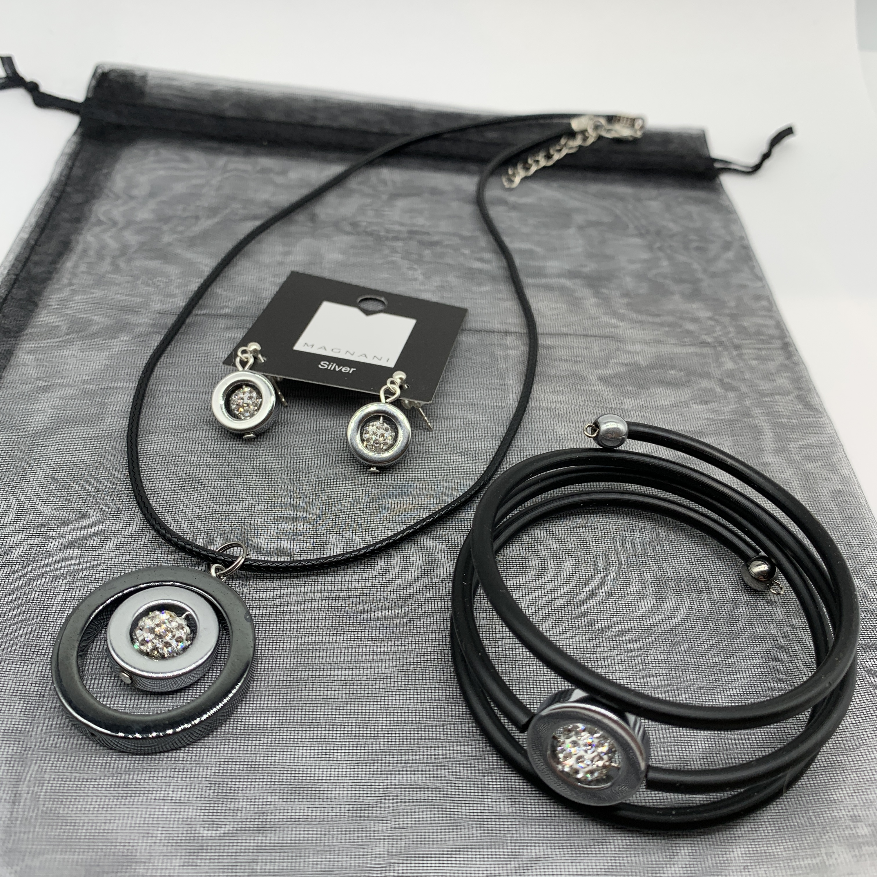  Set necklace earrings bracelet silver Hematite crystal