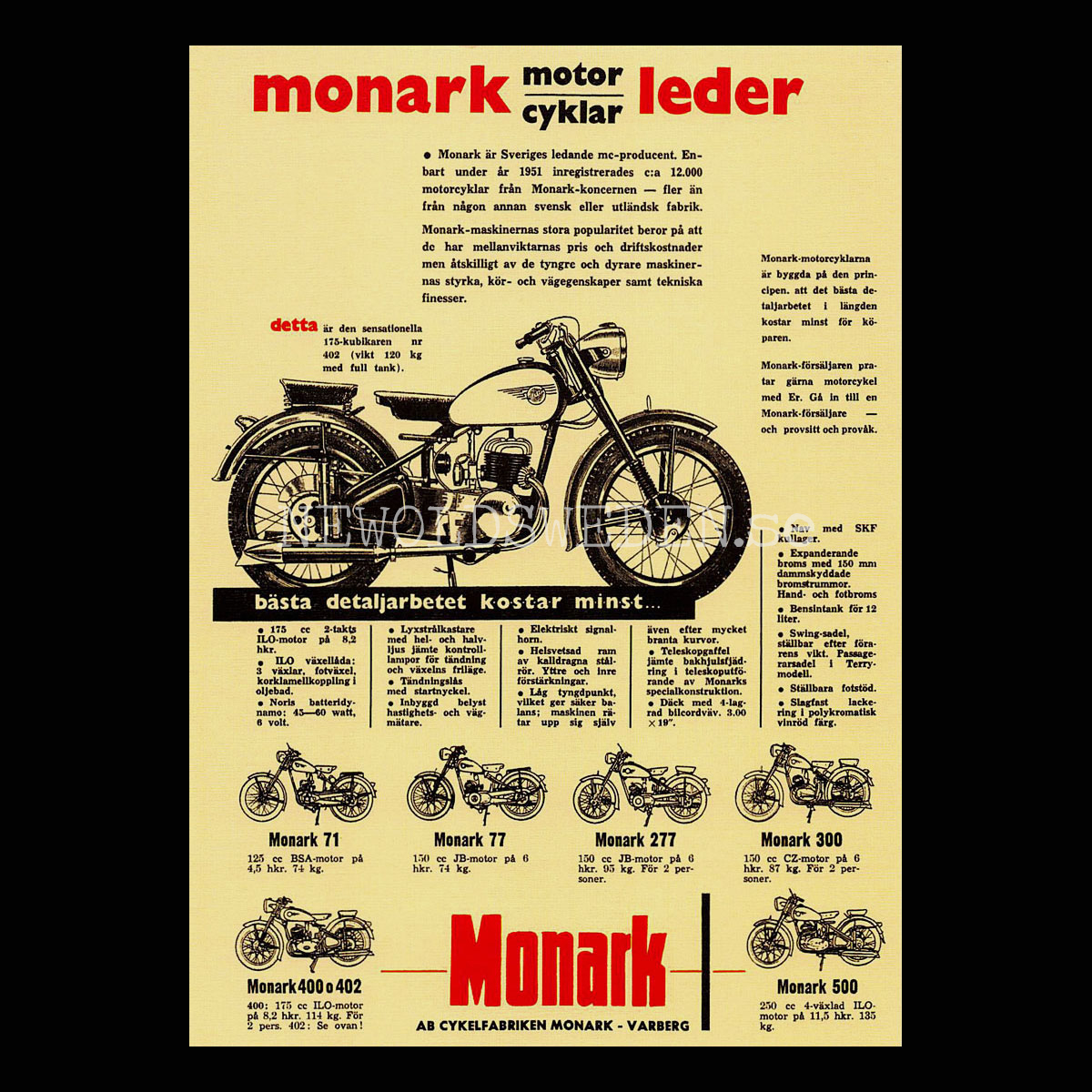 MONARK Motorcyklar Monark 71, 77, 277, 300, 400, 402, 500 - Vykort A5