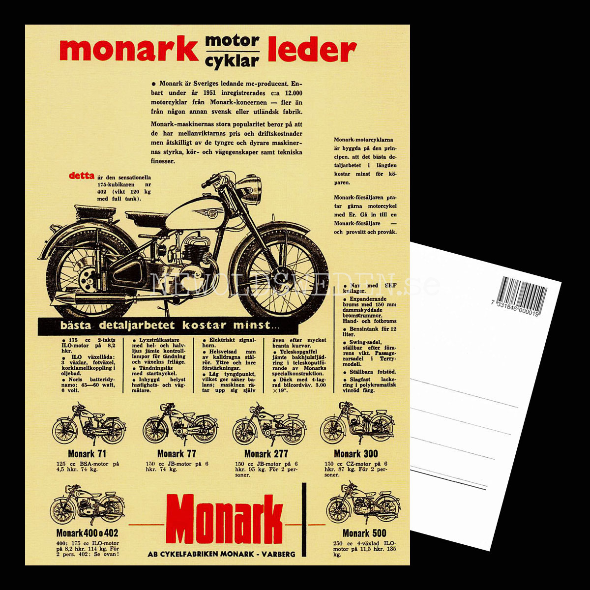 MONARK Motorcyklar Monark 71, 77, 277, 300, 400, 402, 500 - Vykort A5 - 3