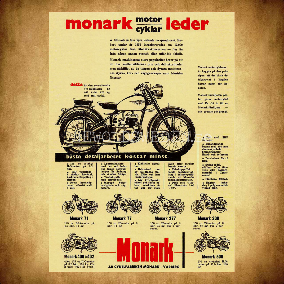 MONARK Motorcyklar Monark 71, 77, 277, 300, 400, 402, 500 - Vykort A5 - 2