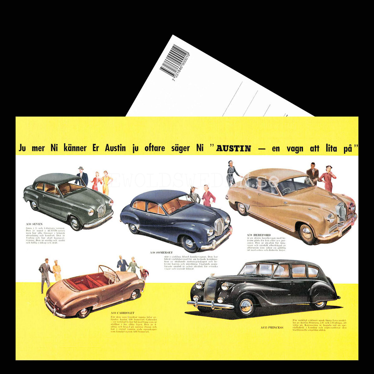 AUSTIN A30 SEVEN, A40 SOMMERSET, A70 HEREFORD, A135 PRINCESS, A10 CAB - Vykort A5 - 3