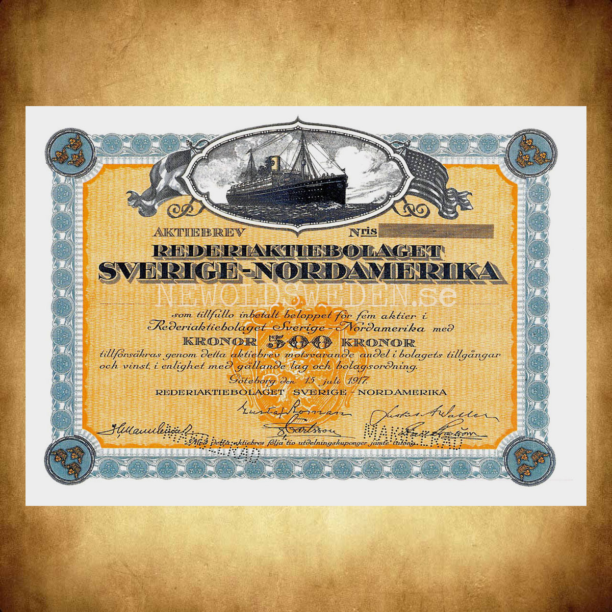 AKTIEBREV 1917 REDERIAKTIEBOLAGET SVERIGE-NORDAMERIKA - Vykort A5 *** - 2