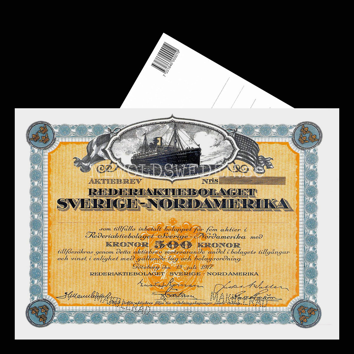 AKTIEBREV 1917 REDERIAKTIEBOLAGET SVERIGE-NORDAMERIKA - Vykort A5 *** - 3