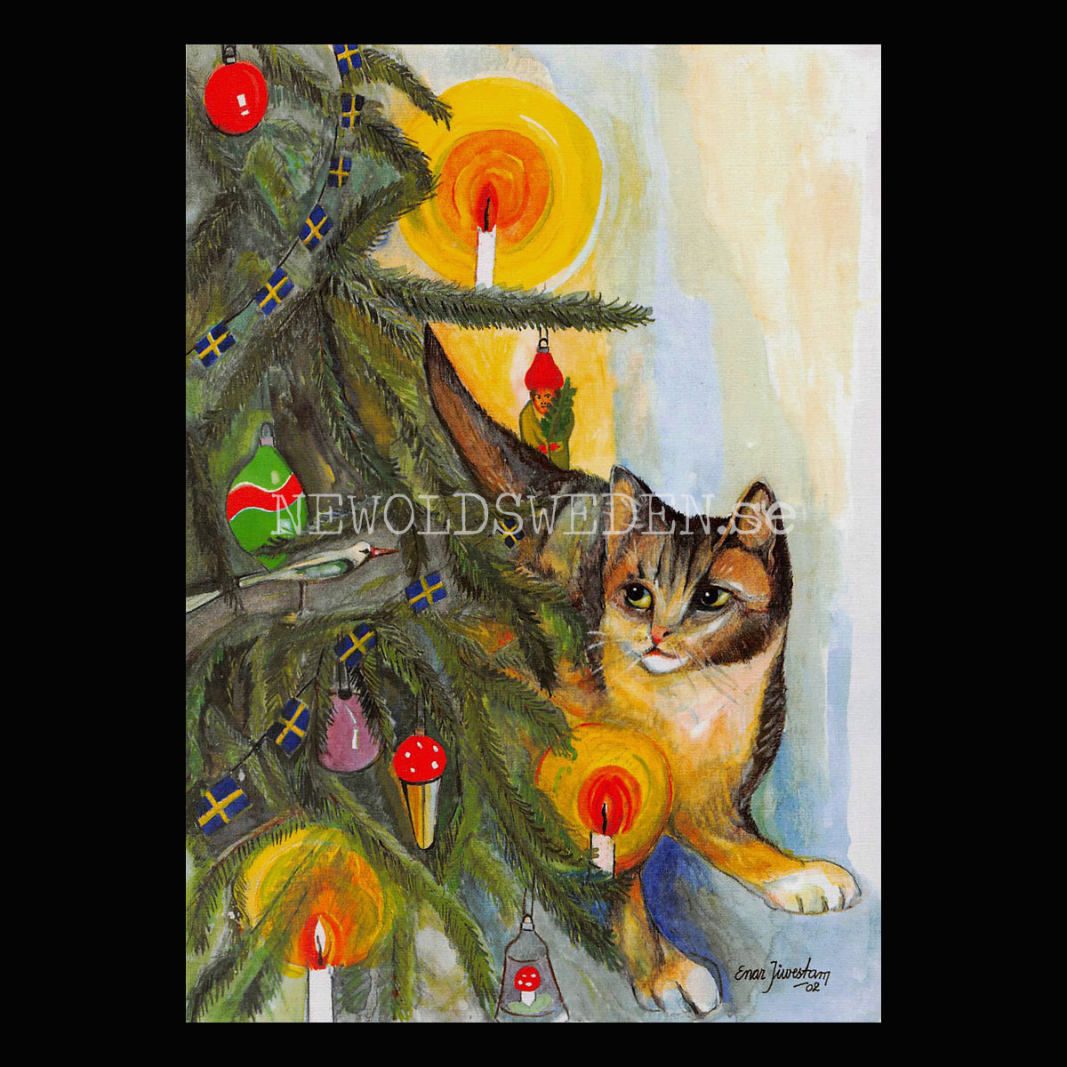 Katt vid Julgranen God Jul Enar Jiwestam 44 av 78 - Vykort A5